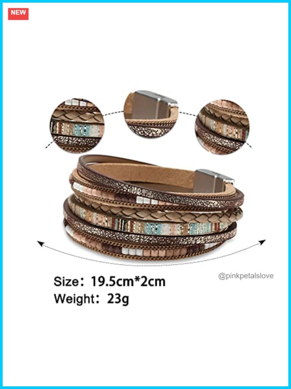 Leather Wrap Bracelet with Beads, Cuff, Magnetic Clasp, Bohemian Style - Picture 4 of 6